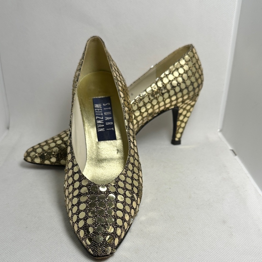 Stuart Weitzman Vintage Metallic Gold Sequin Disc Heels Size 6